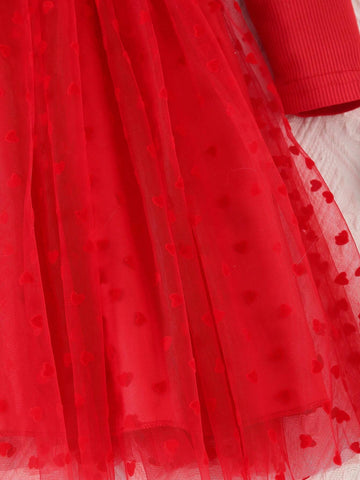 Young Girl' Elegant Square Collar Long Sleeve High Waist Solid Color Bowknot Splice Flocked Heart Net Mesh Dress