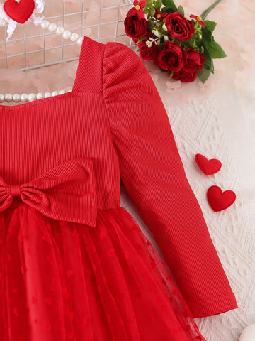 Young Girl' Elegant Square Collar Long Sleeve High Waist Solid Color Bowknot Splice Flocked Heart Net Mesh Dress