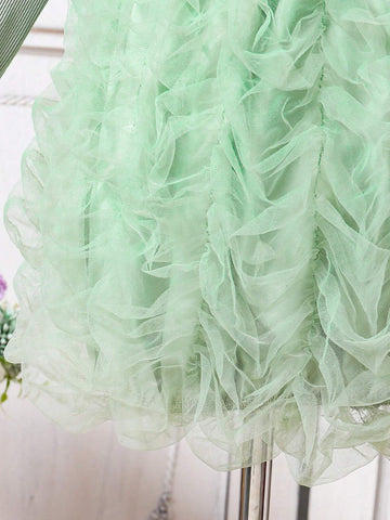 Young Girl Elegant Stylish Red Party Dress, Mixed Furry Fabric, Suitable For Birthday, New Year, Party, Outing, Daily Wear, Fit For Autumn & Spring, Fashion Trendy Cute Girly