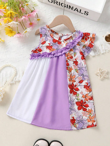 Young Girl Elegant, Sweet And Cute Patchwork Floral Printed Ruffle Princess Dress, Perfect For Summer Casual, Vacation And Party