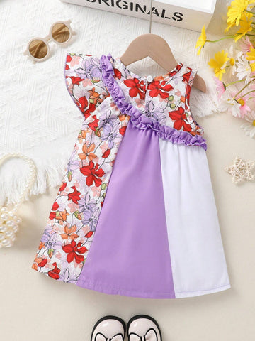 Young Girl Elegant, Sweet And Cute Patchwork Floral Printed Ruffle Princess Dress, Perfect For Summer Casual, Vacation And Party