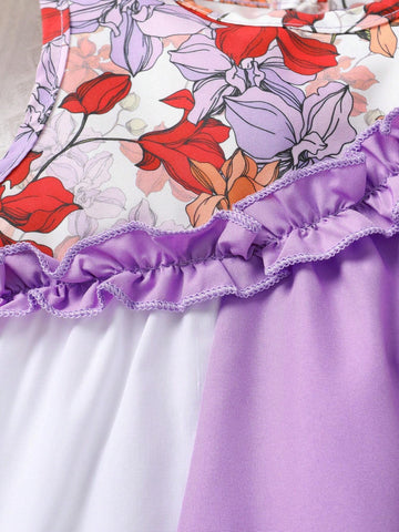 Young Girl Elegant, Sweet And Cute Patchwork Floral Printed Ruffle Princess Dress, Perfect For Summer Casual, Vacation And Party
