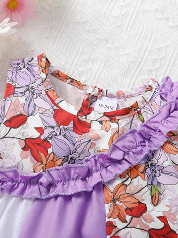 Young Girl Elegant, Sweet And Cute Patchwork Floral Printed Ruffle Princess Dress, Perfect For Summer Casual, Vacation And Party