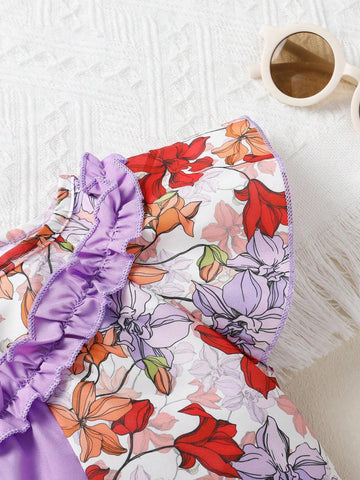 Young Girl Elegant, Sweet And Cute Patchwork Floral Printed Ruffle Princess Dress, Perfect For Summer Casual, Vacation And Party