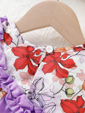 Young Girl Elegant, Sweet And Cute Patchwork Floral Printed Ruffle Princess Dress, Perfect For Summer Casual, Vacation And Party