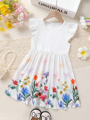 Young Girl Elegant, Sweet And Lovely Princess Dress With Ruffled Hem And Floral Print, Suitable For Casual, Daily, Holiday And Party
