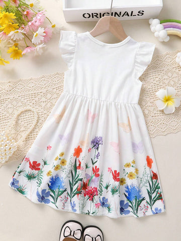 Young Girl Elegant, Sweet And Lovely Princess Dress With Ruffled Hem And Floral Print, Suitable For Casual, Daily, Holiday And Party