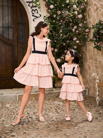 Young Girl Elegant Sweet Style Bow Lace Collar Light Pink Multi-Layer Tutu Dress, Spring/Summe