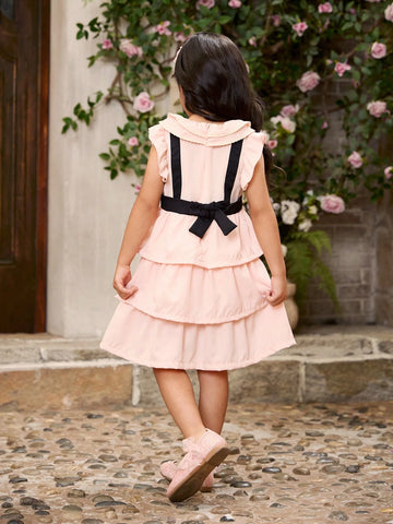 Young Girl Elegant Sweet Style Bow Lace Collar Light Pink Multi-Layer Tutu Dress, Spring/Summe
