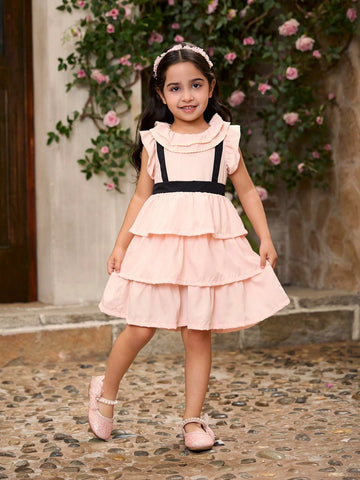 Young Girl Elegant Sweet Style Bow Lace Collar Light Pink Multi-Layer Tutu Dress, Spring/Summe