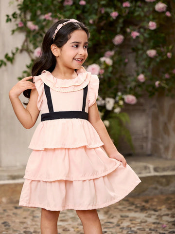 Young Girl Elegant Sweet Style Bow Lace Collar Light Pink Multi-Layer Tutu Dress, Spring/Summe