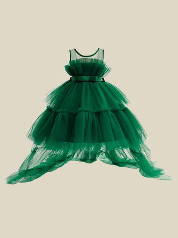 Young Girl Elegant Tulle Trailing Puffy Dress, Suitable For Birthday Party Evening Gown