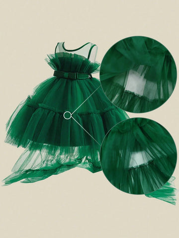 Young Girl Elegant Tulle Trailing Puffy Dress, Suitable For Birthday Party Evening Gown