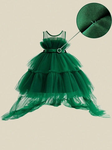 Young Girl Elegant Tulle Trailing Puffy Dress, Suitable For Birthday Party Evening Gown