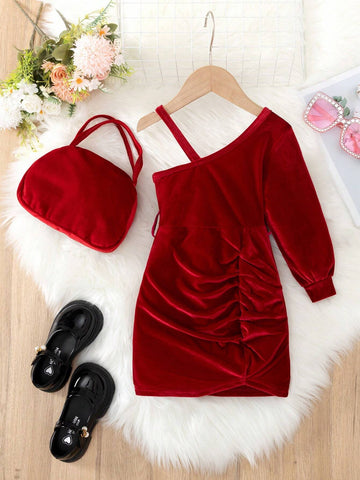 Young Girl' Elegant Velvet Pleated Dress, Bright Red Color, Soft Velvet Fabric, Oblique Shoulder & Pleated Design, Suitable For Christmas Parties And Other Formal Occasions