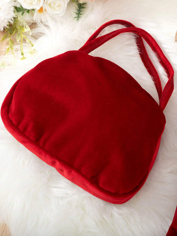 Young Girl' Elegant Velvet Pleated Dress, Bright Red Color, Soft Velvet Fabric, Oblique Shoulder & Pleated Design, Suitable For Christmas Parties And Other Formal Occasions