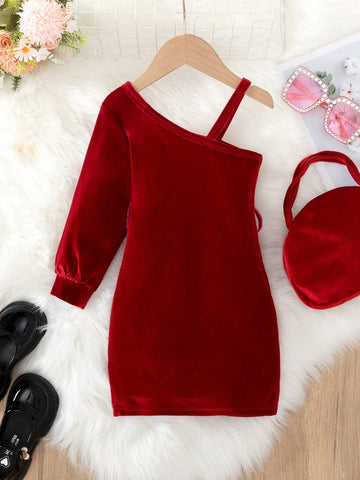 Young Girl' Elegant Velvet Pleated Dress, Bright Red Color, Soft Velvet Fabric, Oblique Shoulder & Pleated Design, Suitable For Christmas Parties And Other Formal Occasions
