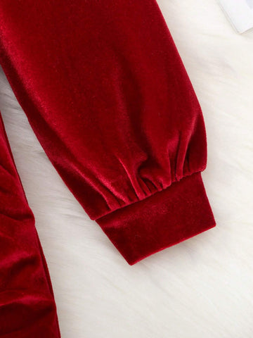 Young Girl' Elegant Velvet Pleated Dress, Bright Red Color, Soft Velvet Fabric, Oblique Shoulder & Pleated Design, Suitable For Christmas Parties And Other Formal Occasions