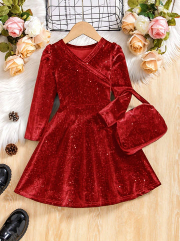 Young Girl Elegant Velvet V-Neck Long Sleeve A-Line Dress + Matching Bag, Suitable For Christmas, Formal Occasions, Autumn/Winter