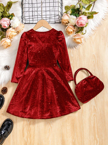 Young Girl Elegant Velvet V-Neck Long Sleeve A-Line Dress + Matching Bag, Suitable For Christmas, Formal Occasions, Autumn/Winter