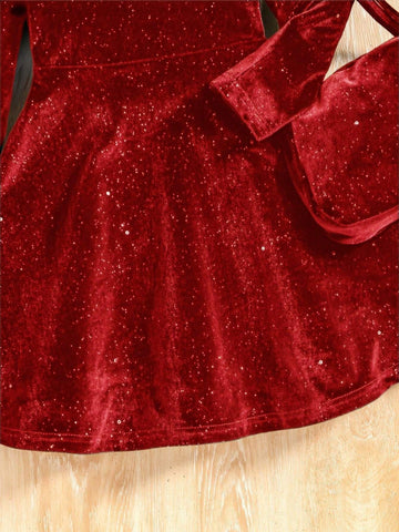 Young Girl Elegant Velvet V-Neck Long Sleeve A-Line Dress + Matching Bag, Suitable For Christmas, Formal Occasions, Autumn/Winter