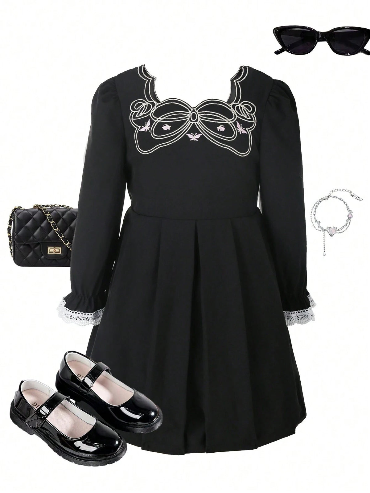 Young Girl Elegant Vintage Asymmetrical Collar Lace & Butterfly Embroidery A-Line Dress, Spring & Summer