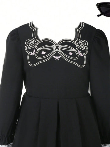 Young Girl Elegant Vintage Asymmetrical Collar Lace & Butterfly Embroidery A-Line Dress, Spring & Summer