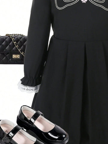 Young Girl Elegant Vintage Asymmetrical Collar Lace & Butterfly Embroidery A-Line Dress, Spring & Summer