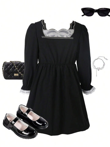 Young Girl Elegant Vintage Asymmetrical Collar Lace & Butterfly Embroidery A-Line Dress, Spring & Summer