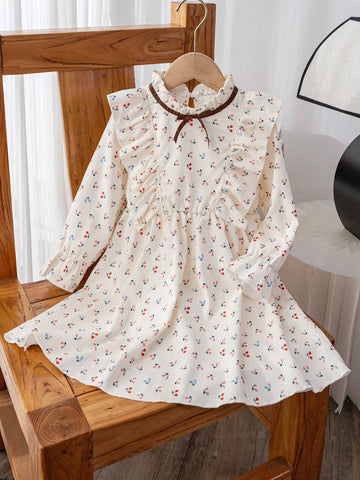 Young Girl Elegant Vintage Stand Collar Long Sleeve A-Line Cherry Print With 3D Bow And Ruffles Hem Autumn Dress