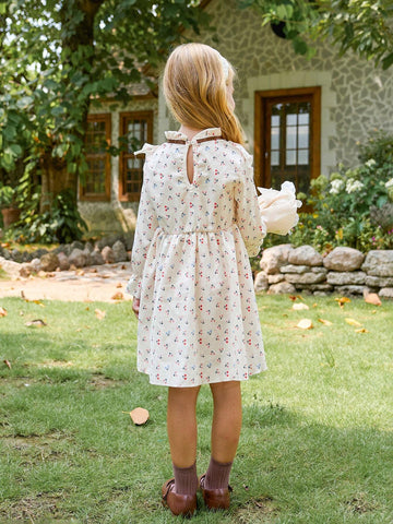 Young Girl Elegant Vintage Stand Collar Long Sleeve A-Line Cherry Print With 3D Bow And Ruffles Hem Autumn Dress