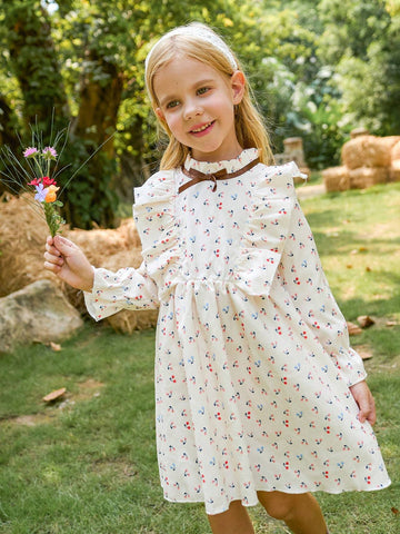 Young Girl Elegant Vintage Stand Collar Long Sleeve A-Line Cherry Print With 3D Bow And Ruffles Hem Autumn Dress