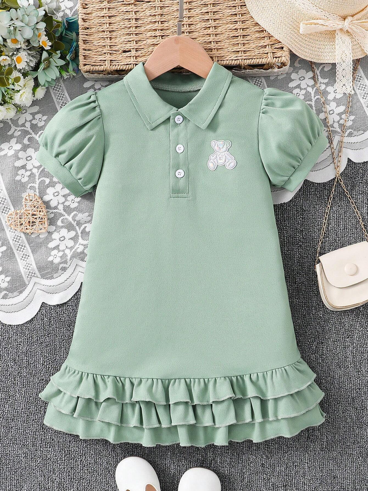Young Girl Elegant & Cool Polo Dress With Bright Color, Little Bear Print And Ruffled Hem