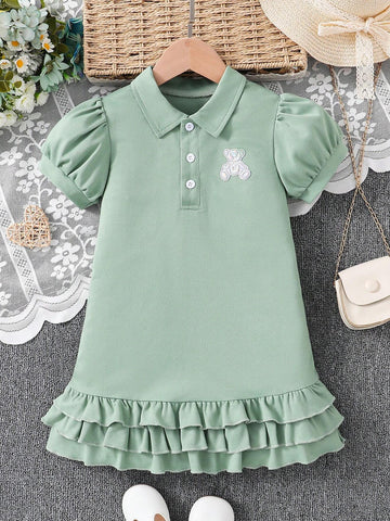 Young Girl Elegant & Cool Polo Dress With Bright Color, Little Bear Print And Ruffled Hem
