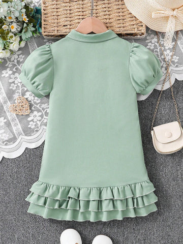 Young Girl Elegant & Cool Polo Dress With Bright Color, Little Bear Print And Ruffled Hem
