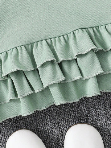 Young Girl Elegant & Cool Polo Dress With Bright Color, Little Bear Print And Ruffled Hem