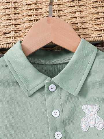 Young Girl Elegant & Cool Polo Dress With Bright Color, Little Bear Print And Ruffled Hem