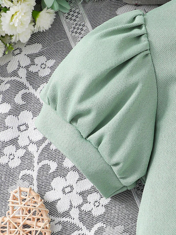 Young Girl Elegant & Cool Polo Dress With Bright Color, Little Bear Print And Ruffled Hem