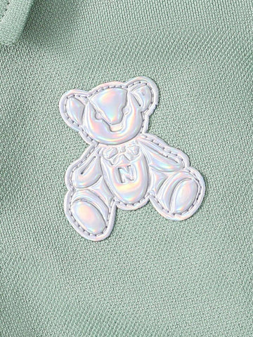 Young Girl Elegant & Cool Polo Dress With Bright Color, Little Bear Print And Ruffled Hem