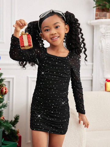 Young Girl Elegant & Glamorous Long Sleeve Rhinestone Embellished Fitted Dress, Suitable For Party & Christmas