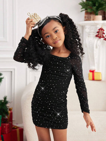Young Girl Elegant & Glamorous Long Sleeve Rhinestone Embellished Fitted Dress, Suitable For Party & Christmas