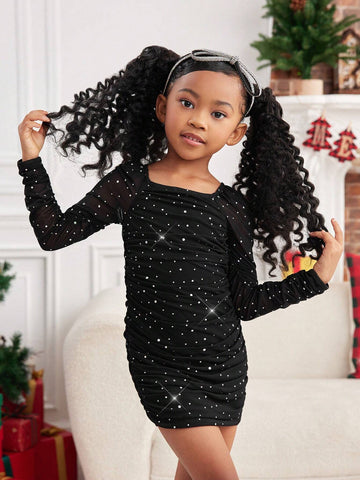Young Girl Elegant & Glamorous Long Sleeve Rhinestone Embellished Fitted Dress, Suitable For Party & Christmas