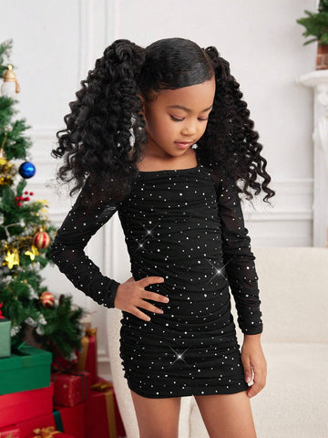 Young Girl Elegant & Glamorous Long Sleeve Rhinestone Embellished Fitted Dress, Suitable For Party & Christmas