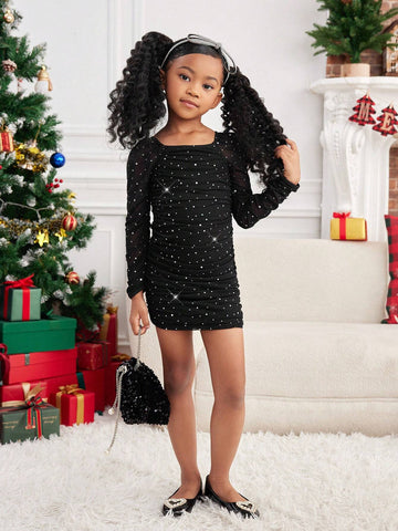 Young Girl Elegant & Glamorous Long Sleeve Rhinestone Embellished Fitted Dress, Suitable For Party & Christmas