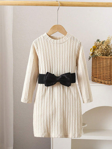 Young Girl Embossed Texture Fashion Casual Dress With Adjustable Belt