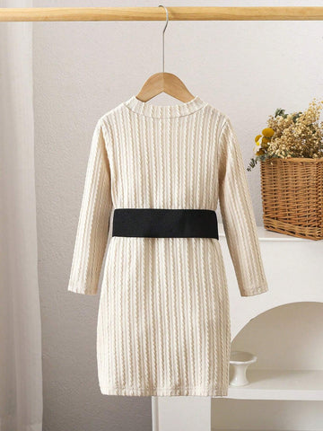 Young Girl Embossed Texture Fashion Casual Dress With Adjustable Belt