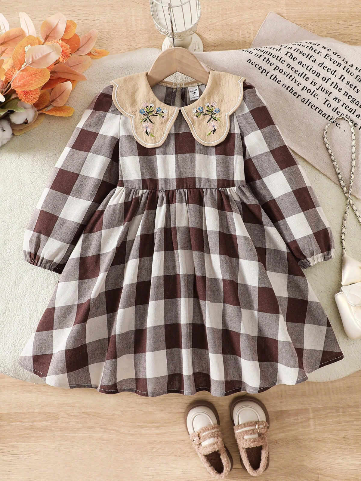 Young Girl Embroidered Patchwork Plaid Peter Pan Collar Casual Dress, Spring & Autumn