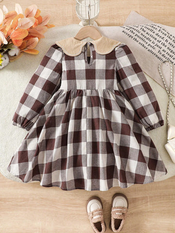 Young Girl Embroidered Patchwork Plaid Peter Pan Collar Casual Dress, Spring & Autumn