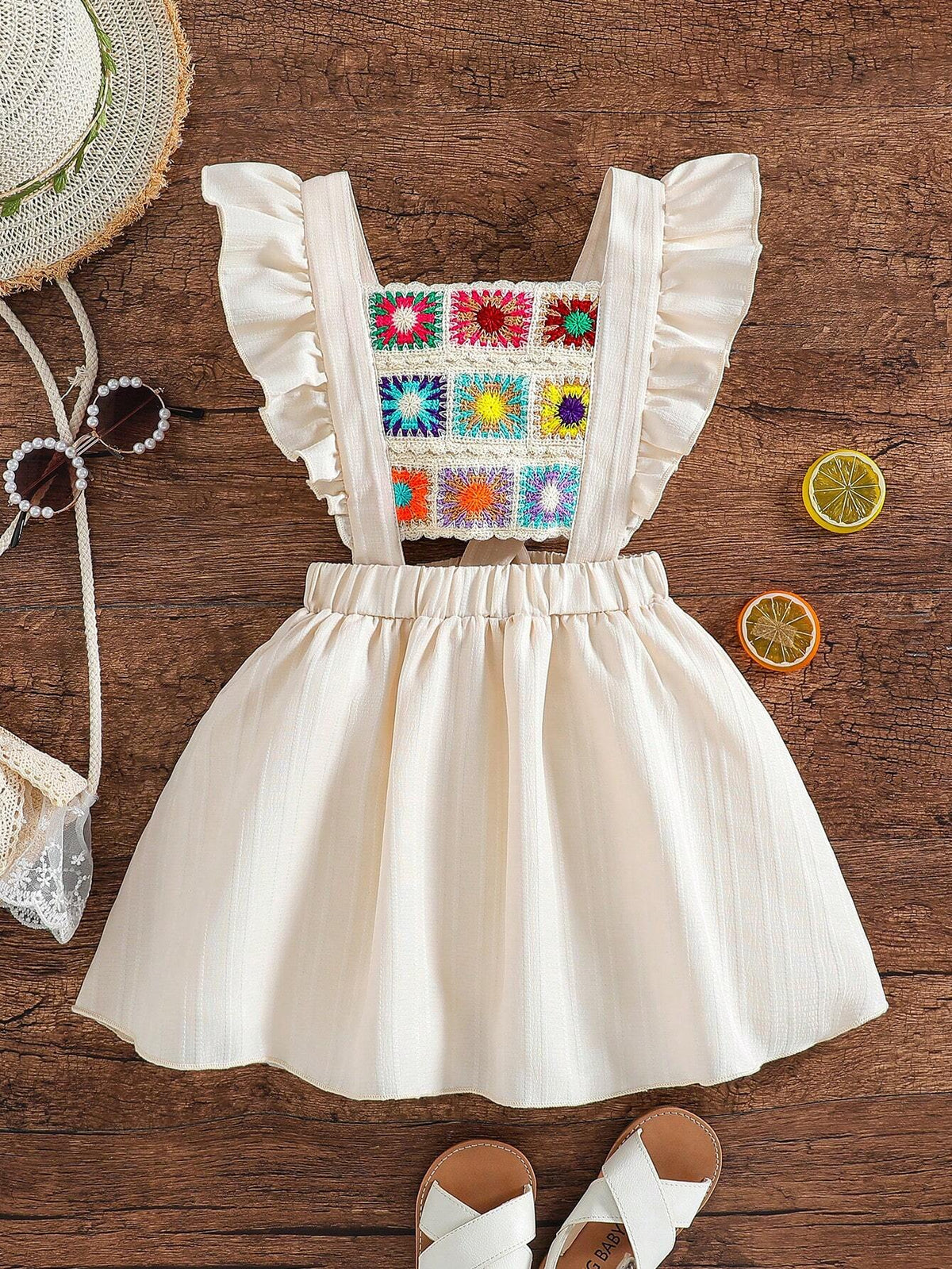 Young Girl Embroidered Ruffled Strap, Open Shoulder & Back Suspender Dress, Suitable For Summer, Outing, Banquet