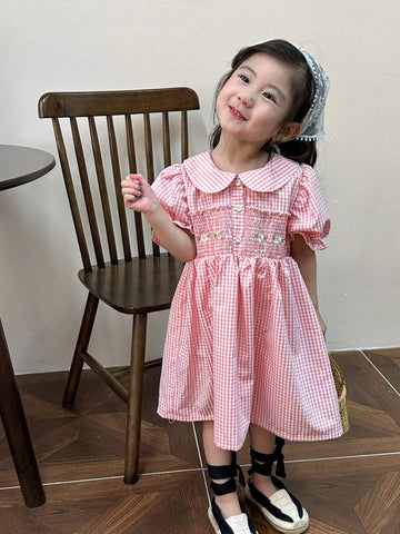 Young Girl Embroidery Floral Gingham Print Puff Sleeve Shirred Panel Dress